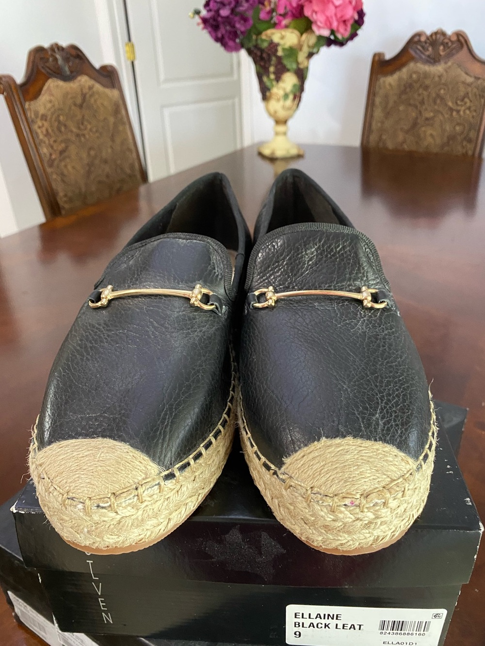 Steve Madden Black Leather Espadrille Loafers with Jute Trim